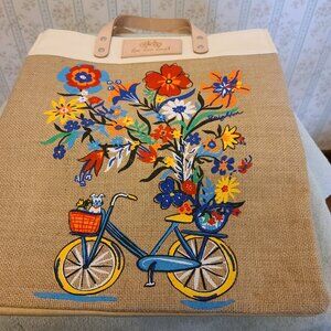 BRIGHTON ECO-FRIENDLY LARGE JUTE TOTE ''LIVE, LOVE, LAUGH'' BICYCLE FUN